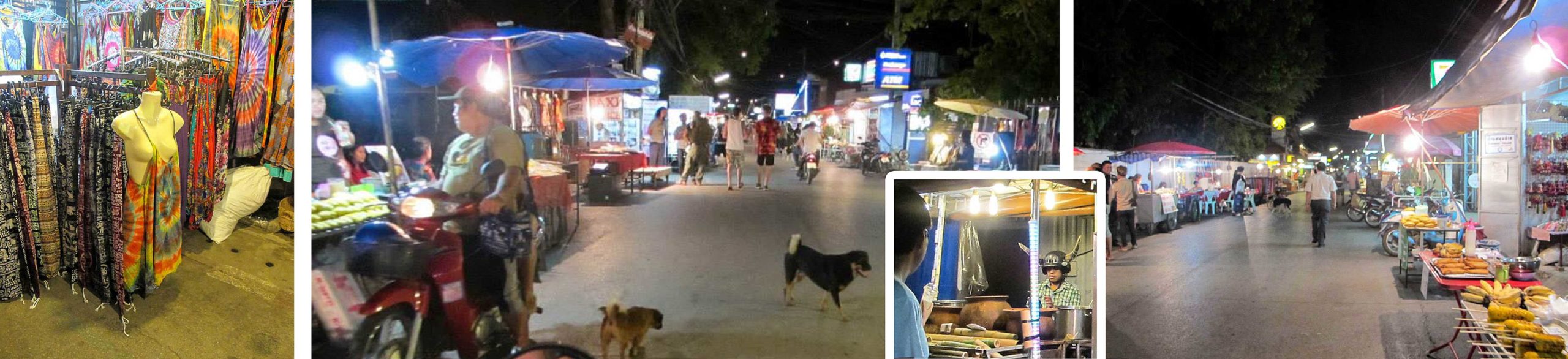 a series of photos showing a night market in Pai, Thailand