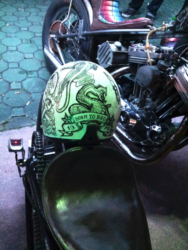 a helmet on a motorcycle