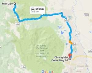 Thailand Map showing route to Mon Jam from Chiang Mai