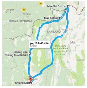 Map showing Chiang mai, Chiang Dao, Mae Salong and Mae Sai. Thailand