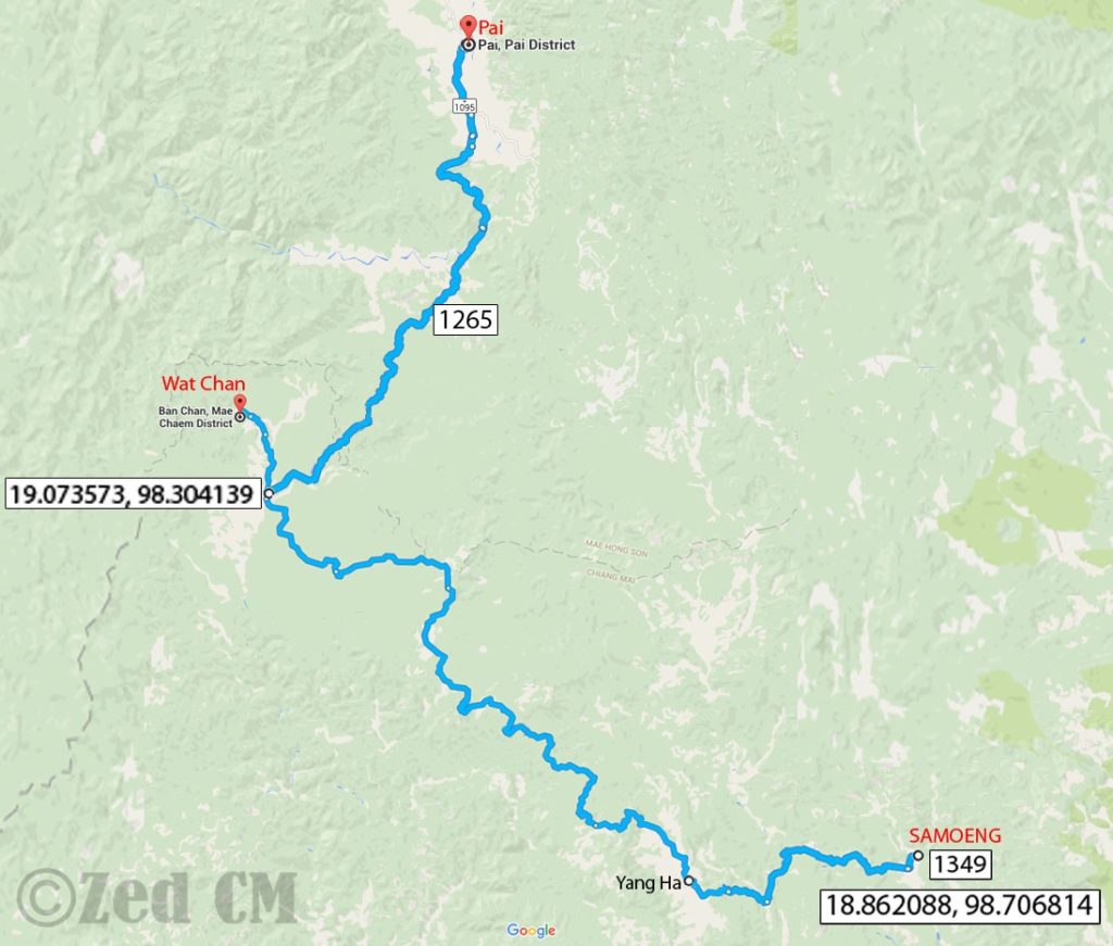 A map with a route between Pai, Wat Chan and Samoeng. Samoeng to Wat Chan and then Pai