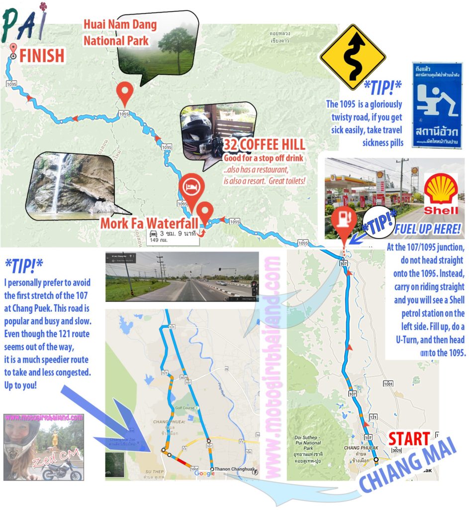 a map with attractions on the road to Pai, Thailand