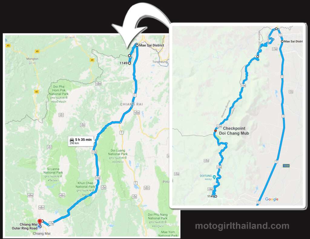 Route showing Doi Tung to Mae Sai in Thailand