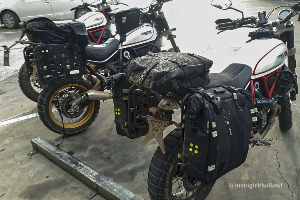 Soft pannier luggage on a Ducati Desert Sled