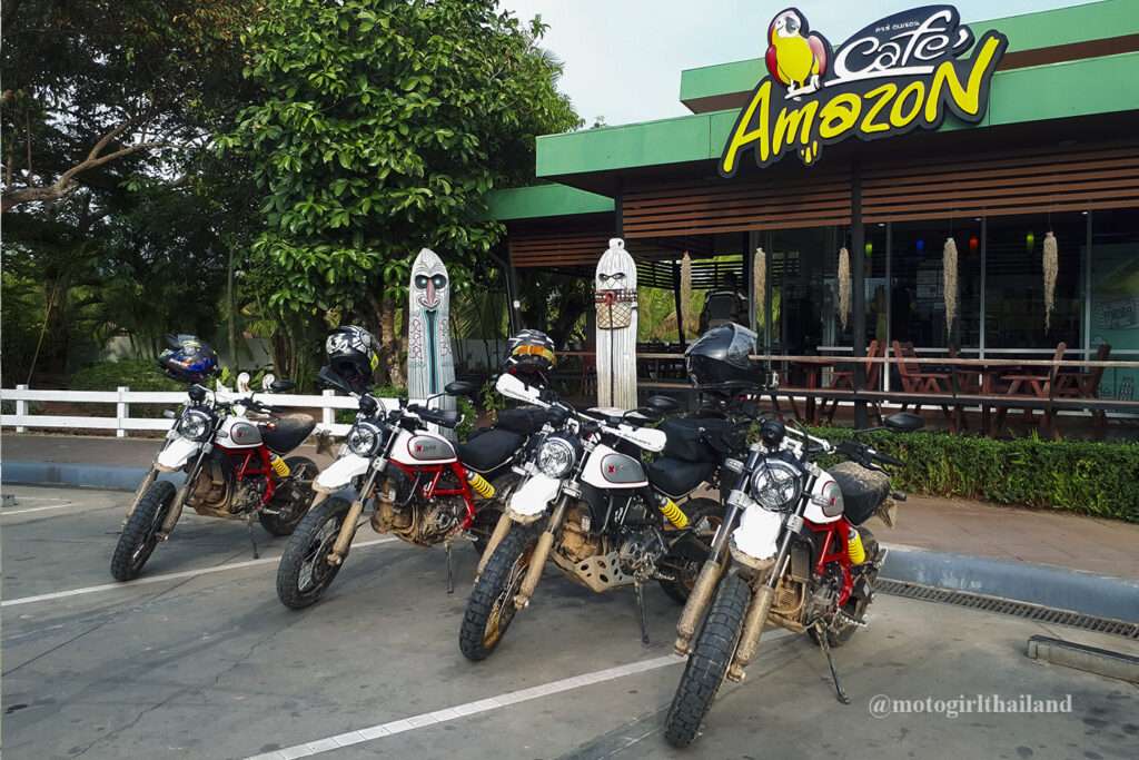 Ducati motorcycles outside Amazon Cafe