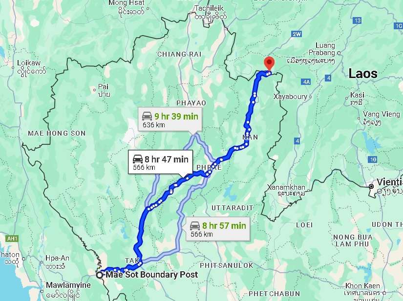  Map showing a route between Mae Sot and Huai Kon