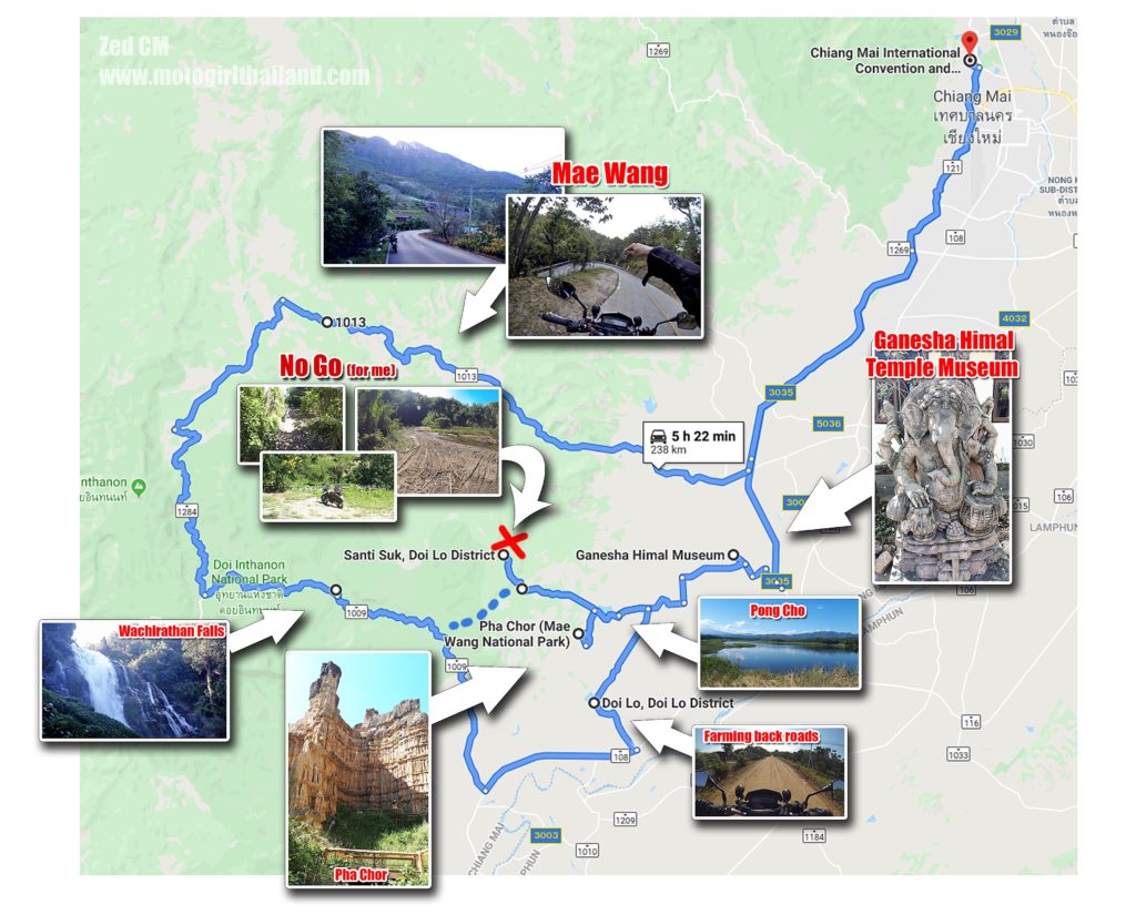 A map showing a driving and riding route in Mae Wang and attractions