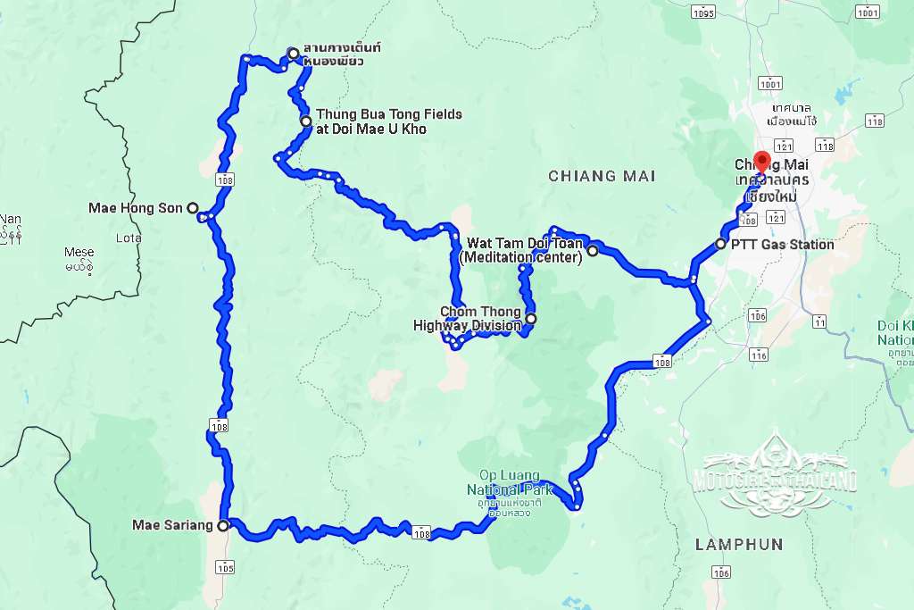 map showing route around mae hong son