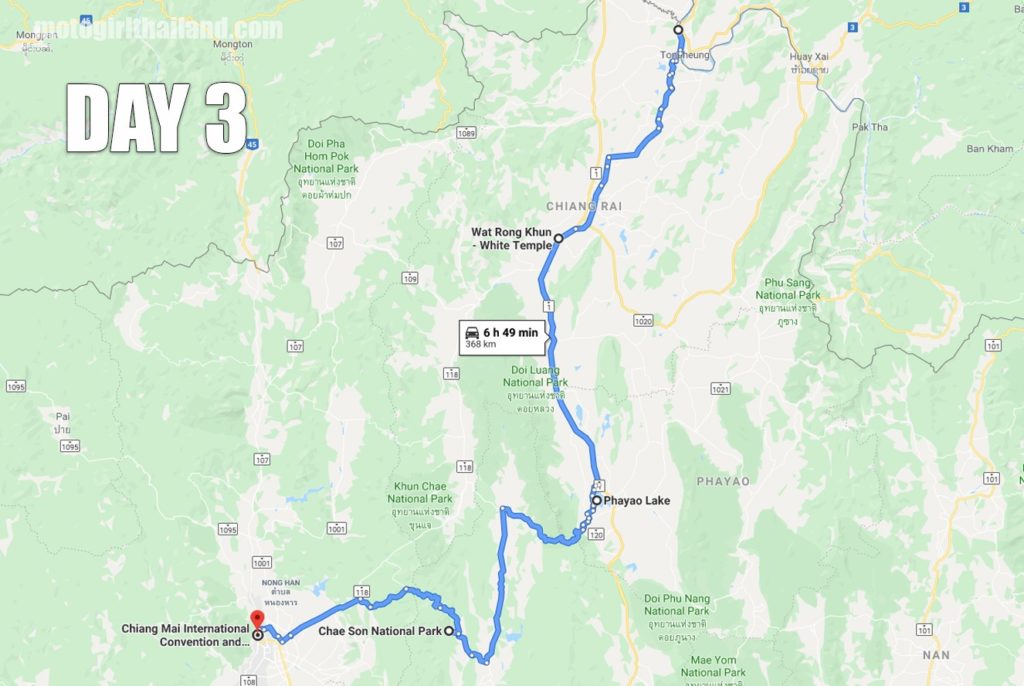 a map showing a motorcycle route from Chiang Saen to Chiang Mai via Phayao. Thailand.