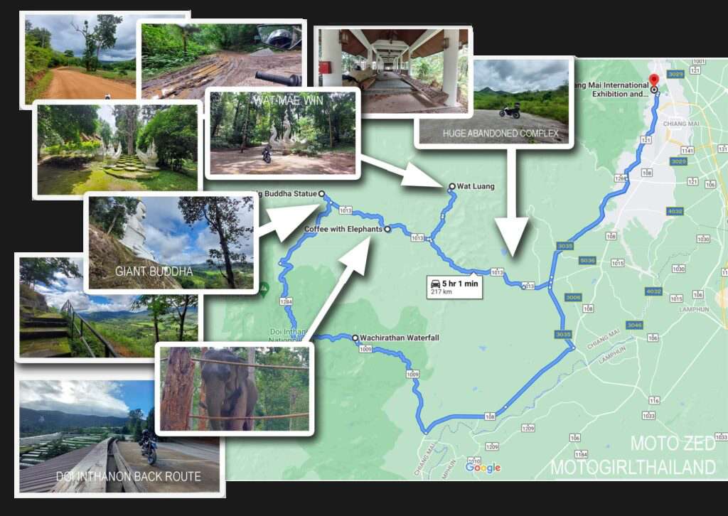 a map showing a loop around Mae Wang in Thailand, with photos of interesting attractions. Motogirlthailand