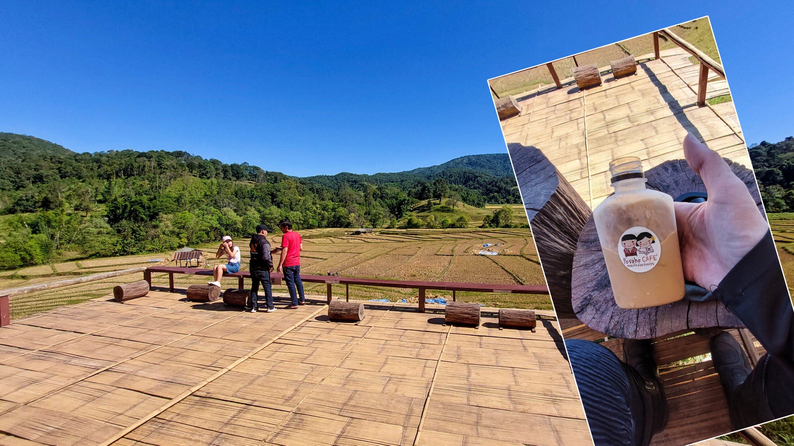 deck area overlooking rice paddy fields, with a backdrop of mountains and blue sky. there is another photo with coffee inside a bottle.