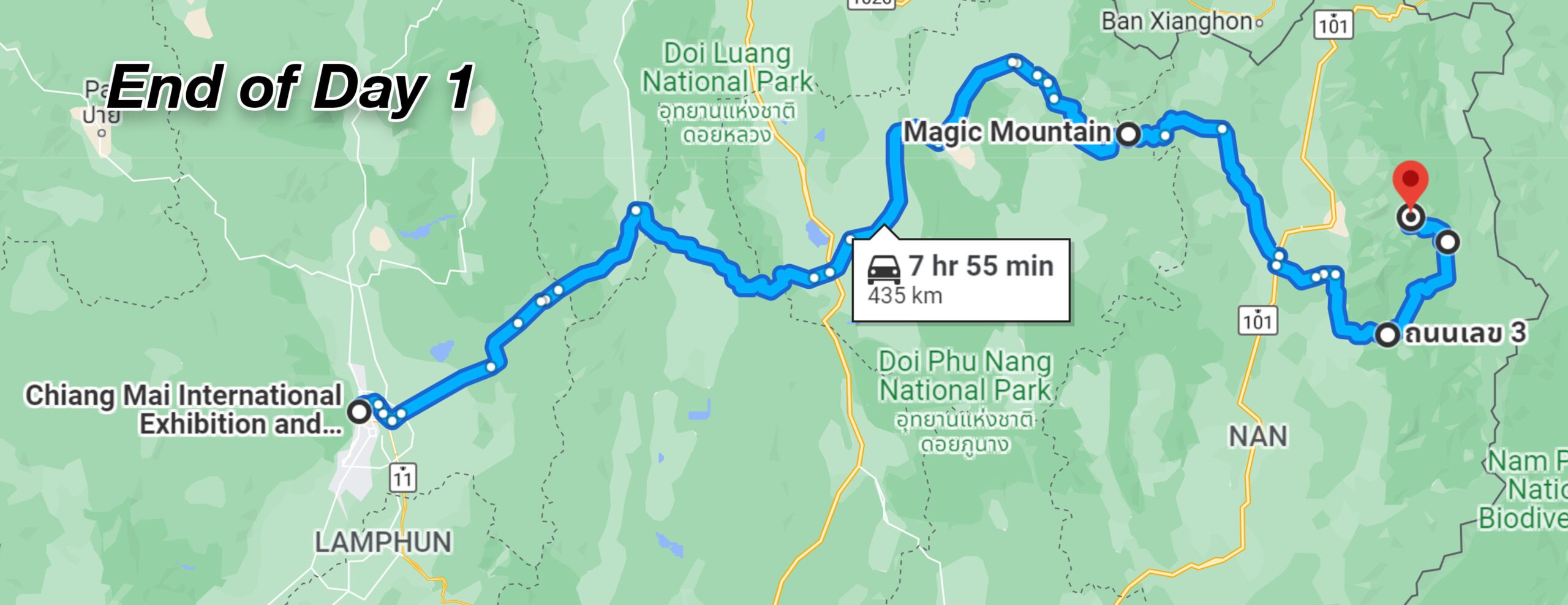 map showing route from chiang mai to ถนนเลข 3 route 3 nan 