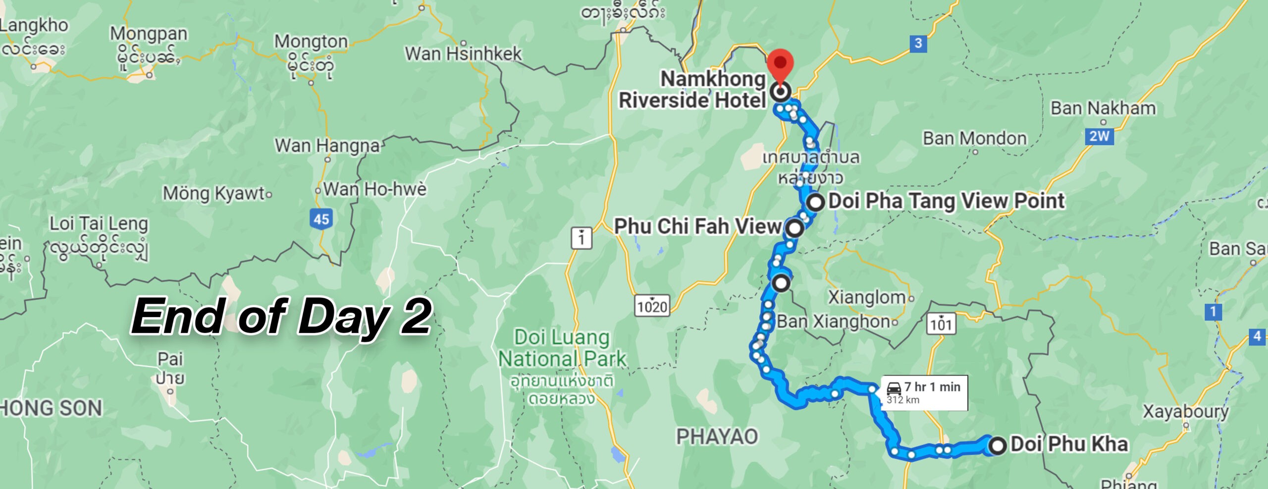 map showing route from doi phu kha to chiang khong