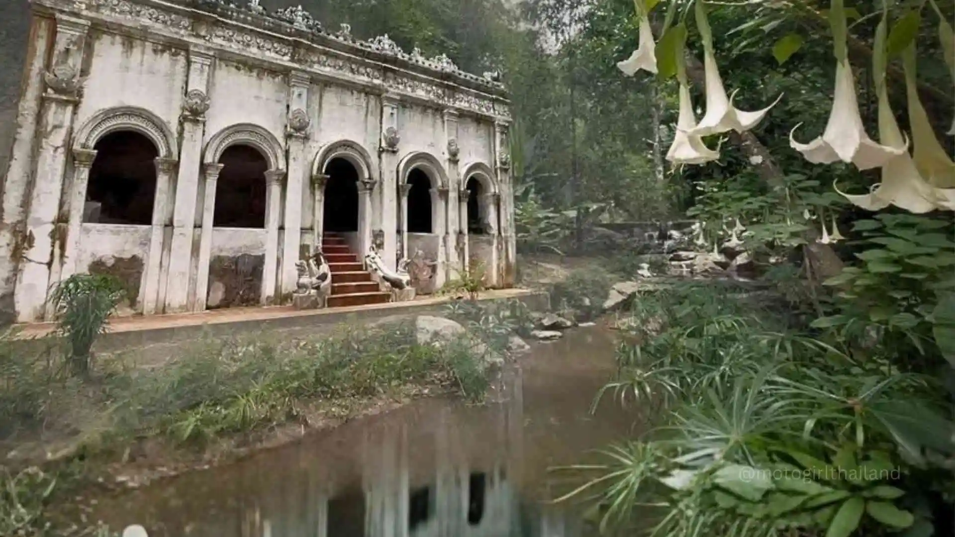 Temple in a forest with a river