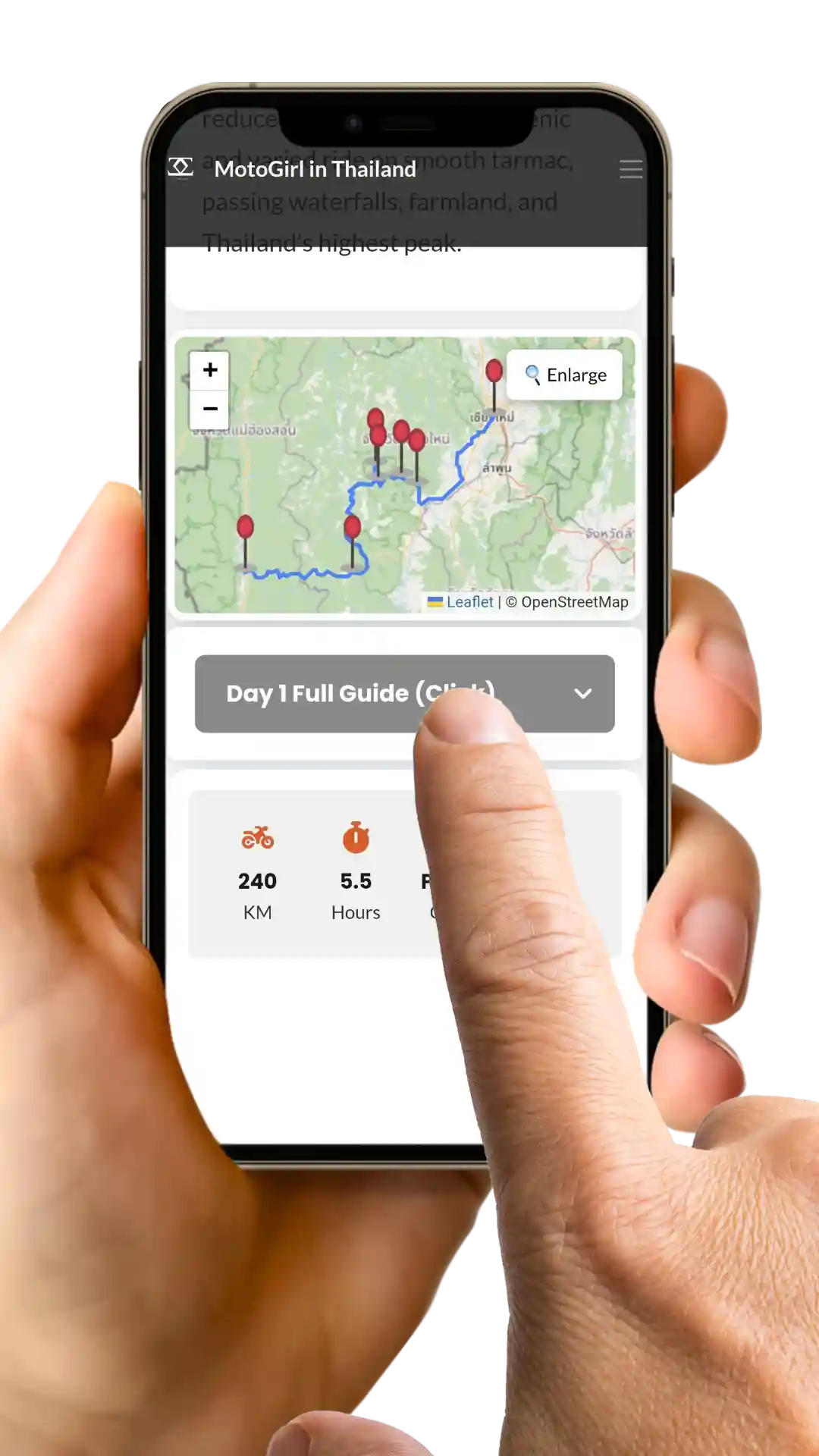 A graphic with a mobile phone with a finger - motosplore guides. motogirlthailand