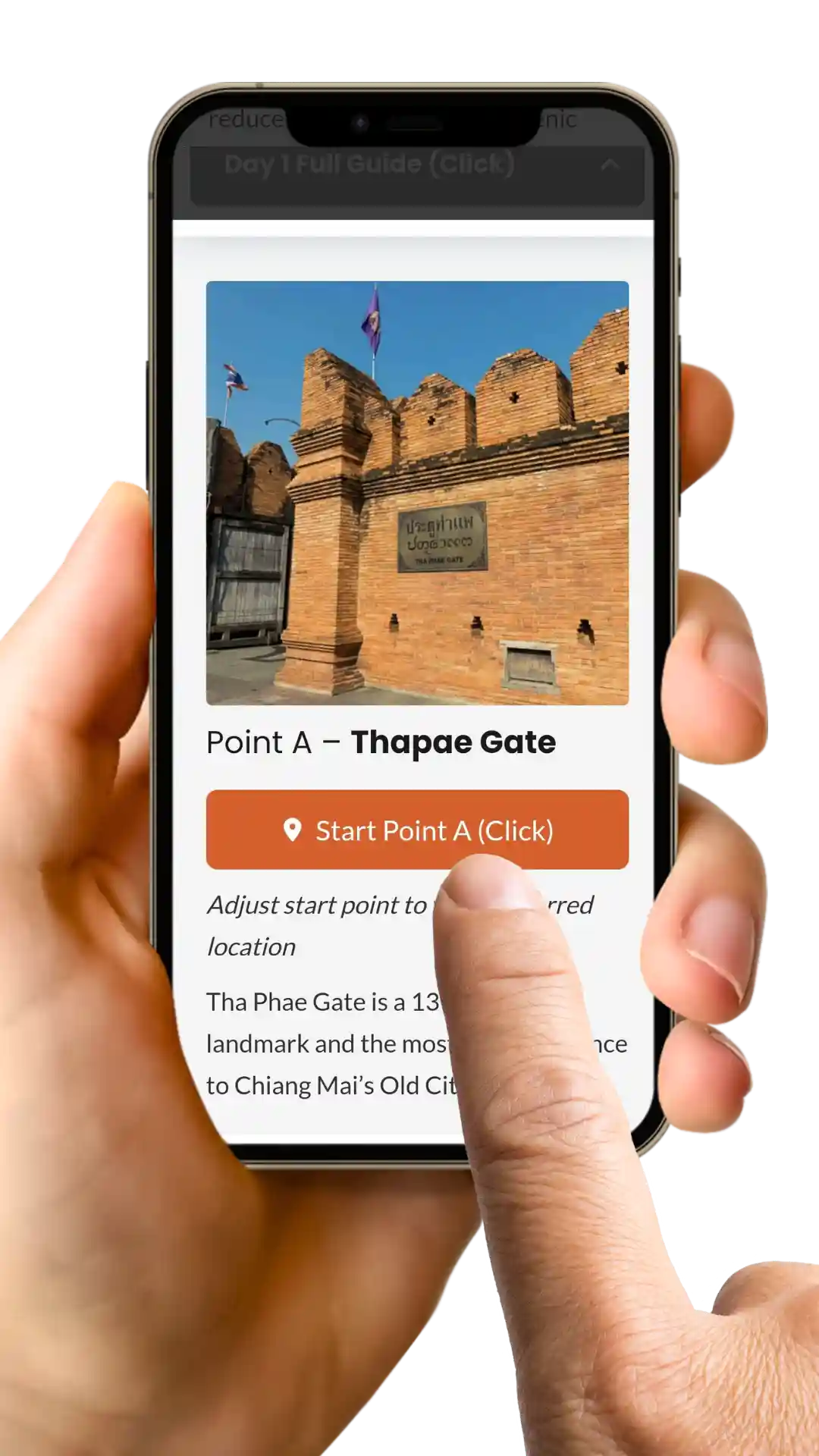 A graphic with a mobile phone with a finger - motosplore guides. motogirlthailand