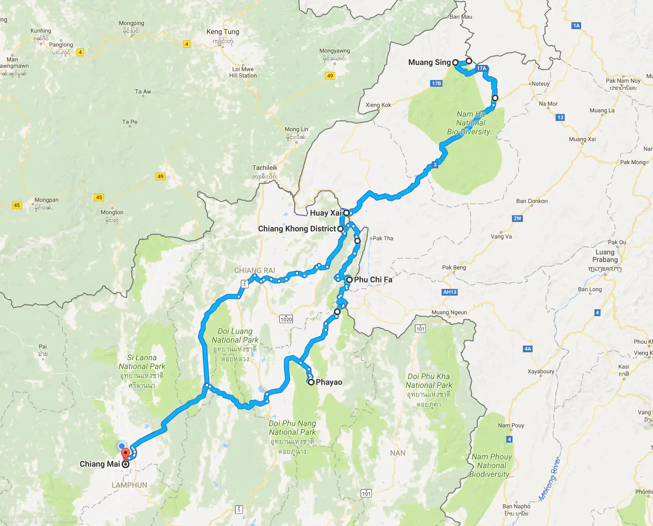 Laos Muang Sing Trip Map