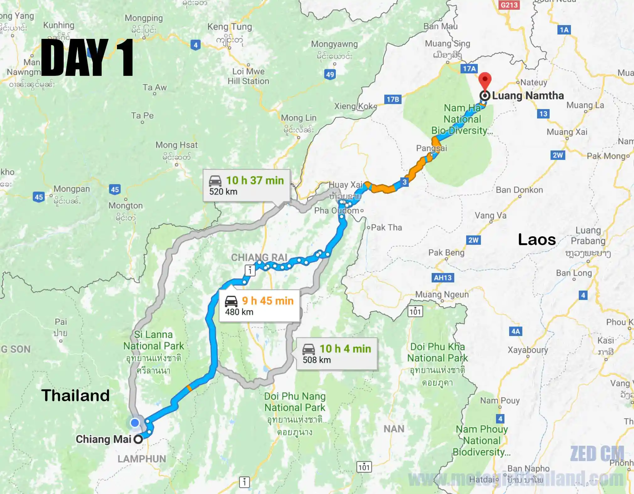 Laos Solo Ride Map Day 1