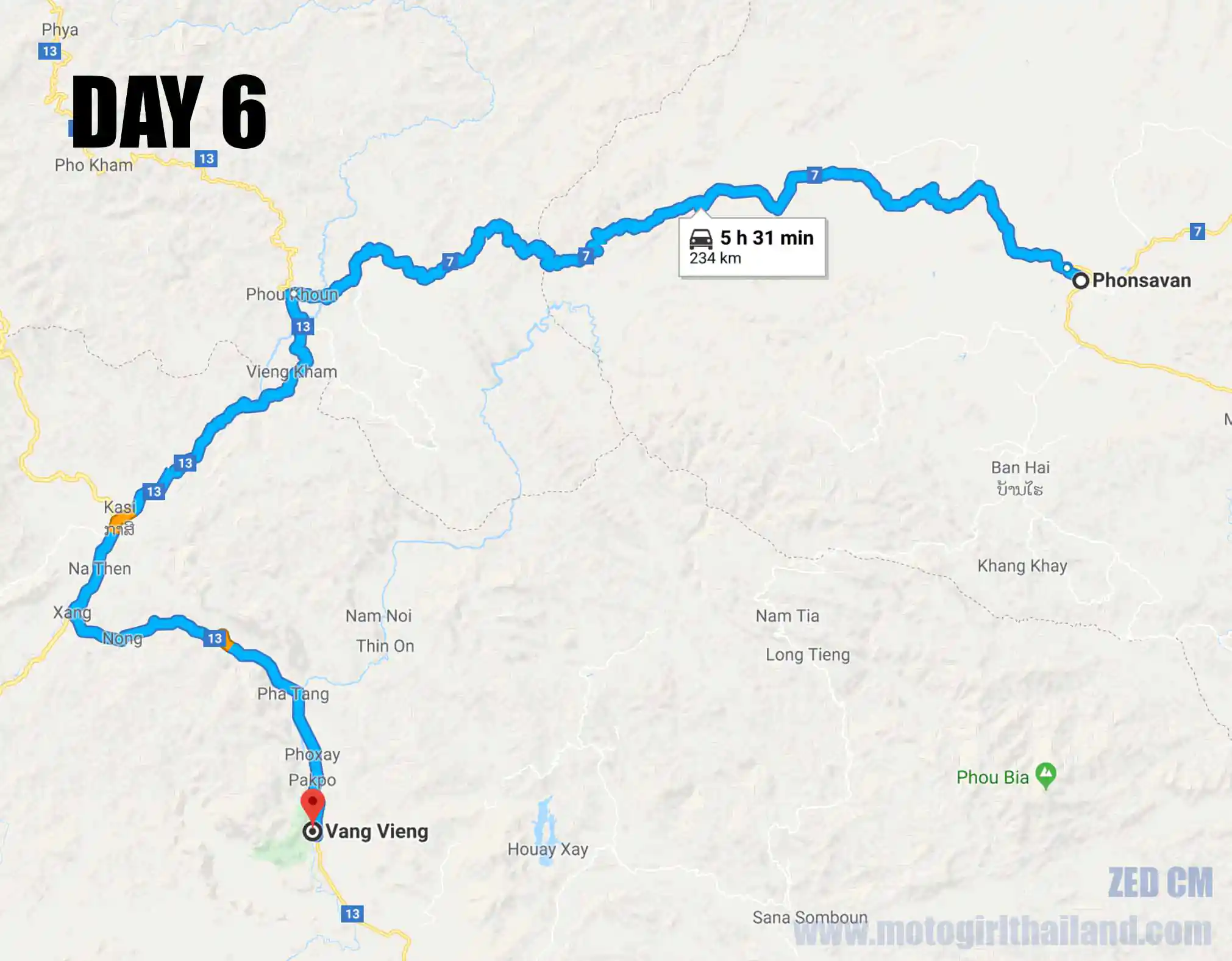 Laos Solo Ride Map Day 6